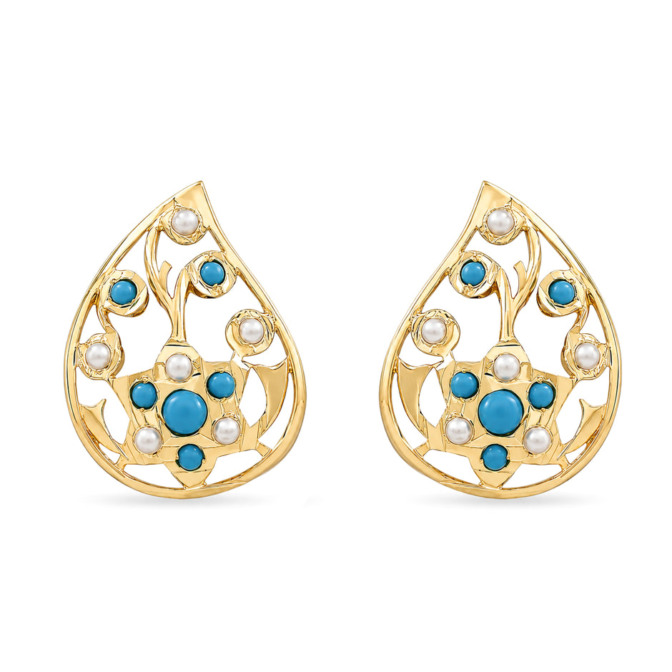 Bhavmayi Elegant 14K Gold Filigree Handmade Teardrop Studs with Coral & Pearl Accents