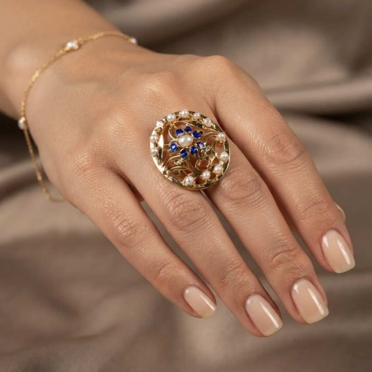 Bhavmayi Gold Plated Traditional Circullar Pearl & Rubi Pink Gemstone Statement Jadau Ring