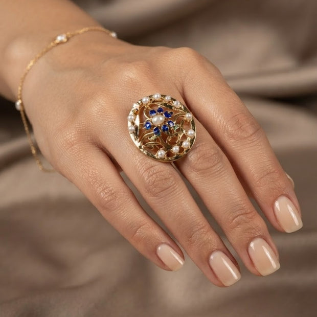 Bhavmayi Gold Plated Traditional Circullar Pearl & Rubi Pink Gemstone Statement Jadau Ring