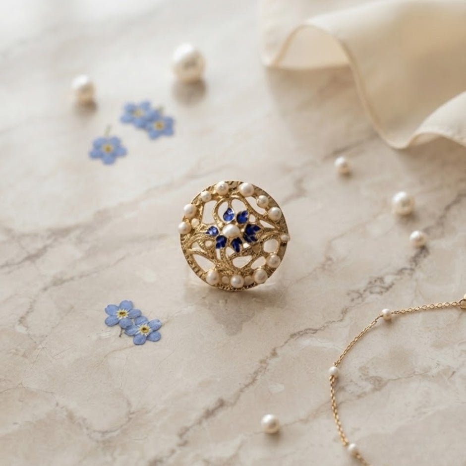 Bhavmayi Gold Plated Traditional Circullar Pearl & Rubi Pink Gemstone Statement Jadau Ring