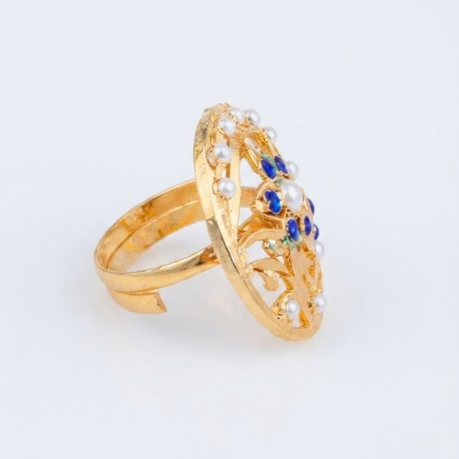 Bhavmayi Gold Plated Traditional Circullar Pearl & Rubi Pink Gemstone Statement Jadau Ring