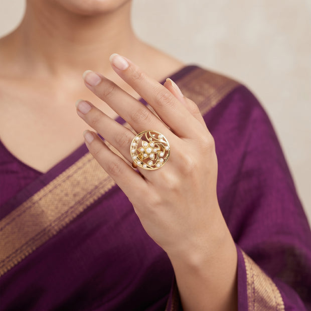 Bhavmayi Gold Plated Traditional Circullar Pearl & Rubi Pink Gemstone Statement Jadau Ring