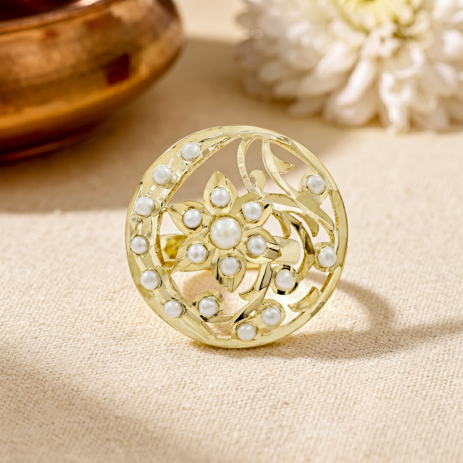 Bhavmayi Gold Plated Traditional Circullar Pearl & Rubi Pink Gemstone Statement Jadau Ring