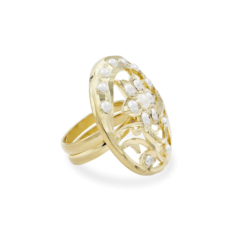 Bhavmayi Gold Plated Traditional Circullar Pearl & Rubi Pink Gemstone Statement Jadau Ring