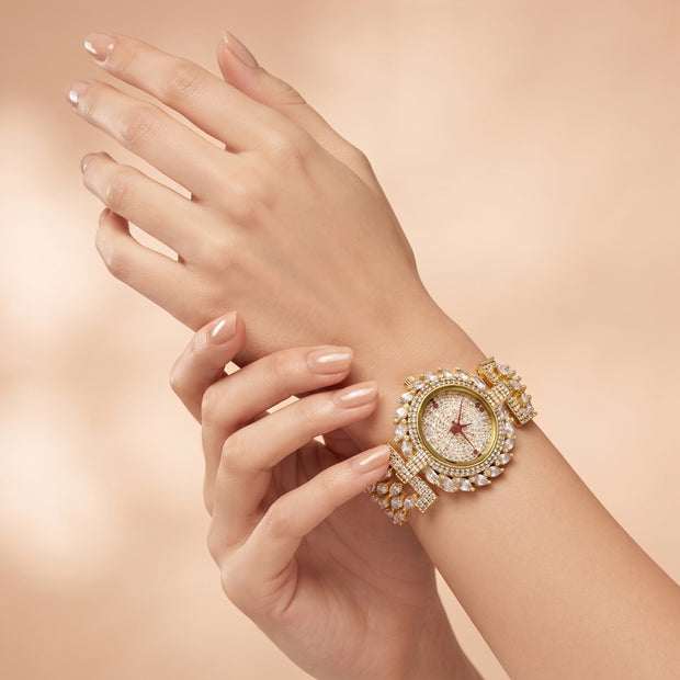 Bhavmayi Luxurious Gold Crystal Pave Bracelet Style Watch for Women with Full Stone Dial and Vibrant Red Hands
