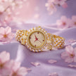 Bhavmayi Luxurious Gold Crystal Pave Bracelet Style Watch for Women with Full Stone Dial and Vibrant Red Hands