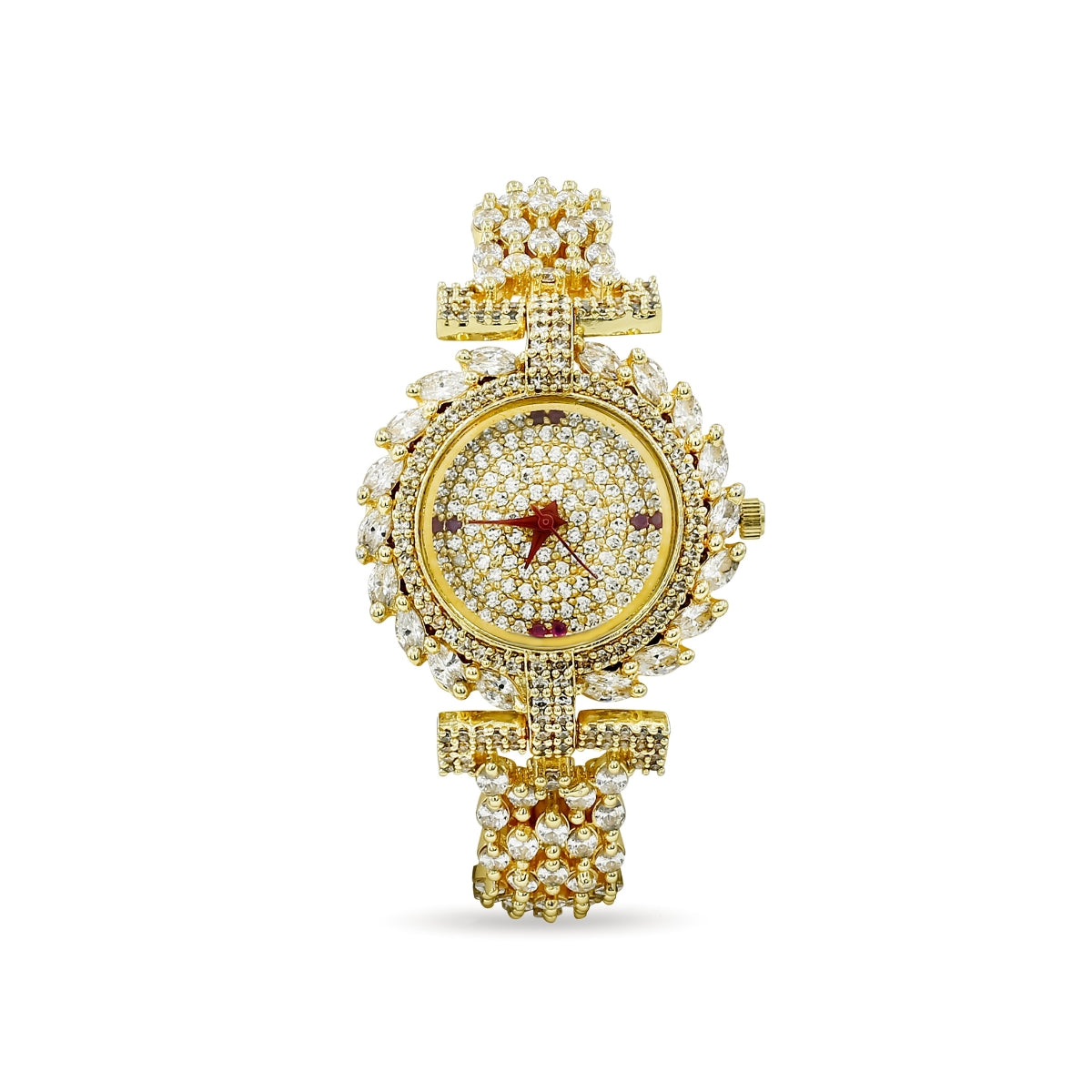 Bhavmayi Luxurious Gold Crystal Pave Bracelet Style Watch for Women with Full Stone Dial and Vibrant Red Hands