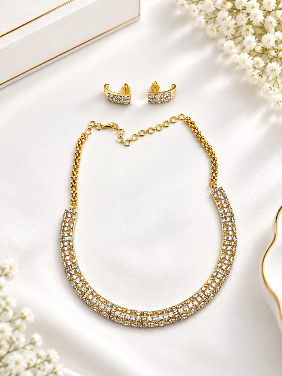 Elegant Gold-Plated CZ Necklace & Earrings Set for Women