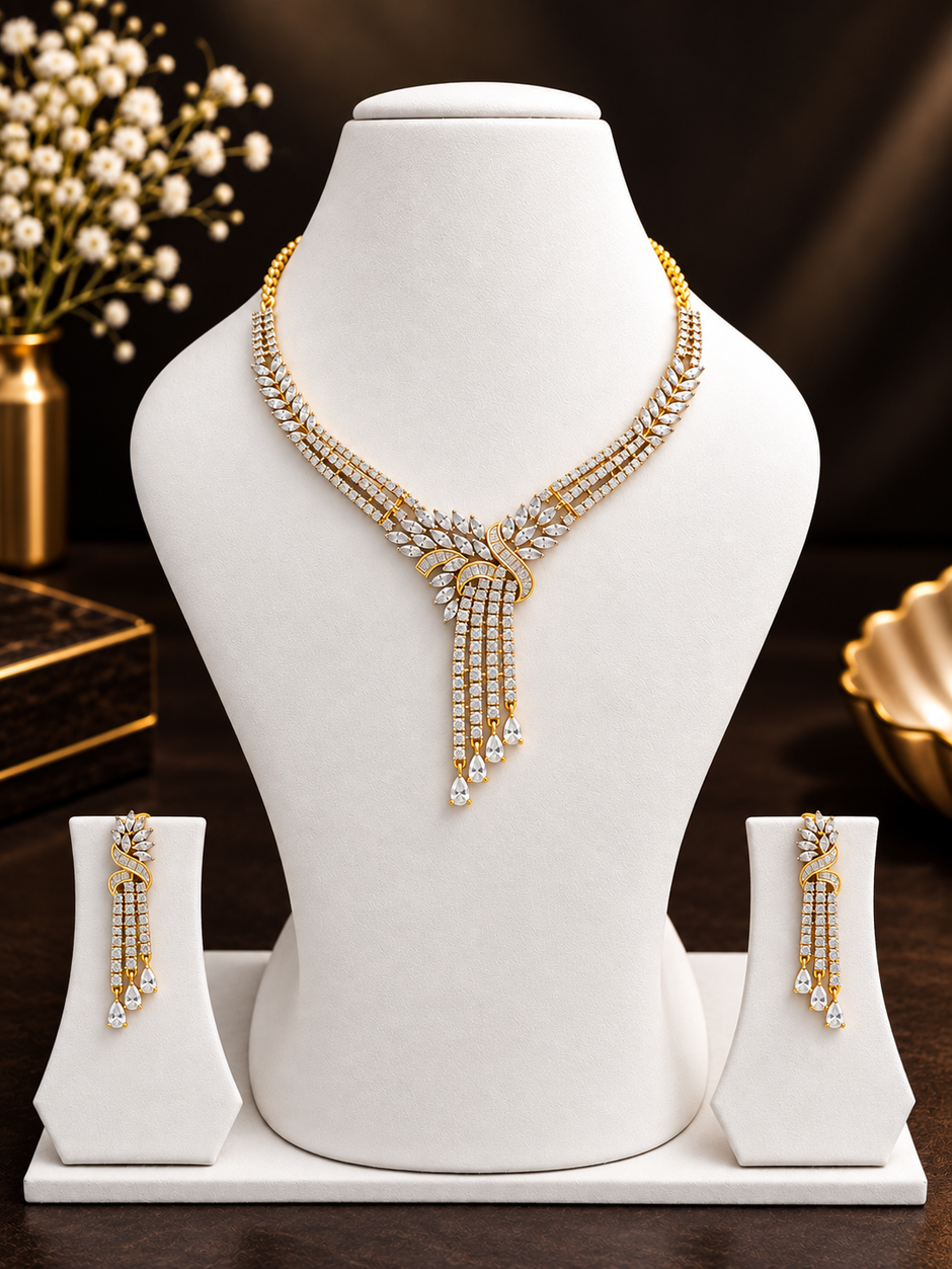 Elegant Gold-Tone Crystal Necklace & Earrings Set for Women