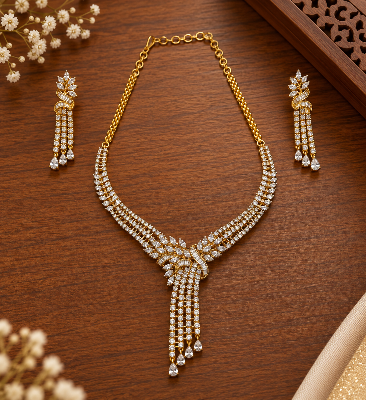 Elegant Gold-Tone Crystal Necklace & Earrings Set for Women