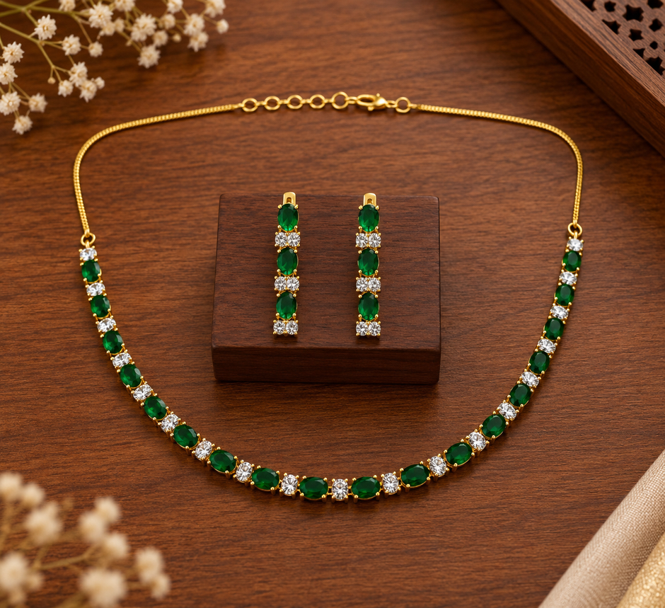 Elegant Green Emerald Necklace & Earrings Jewellery Set for Women