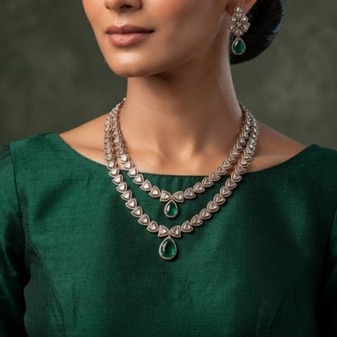 Bhavmayi 14K Regal Emerald Teardrop Polki-Style Statement Necklace Set