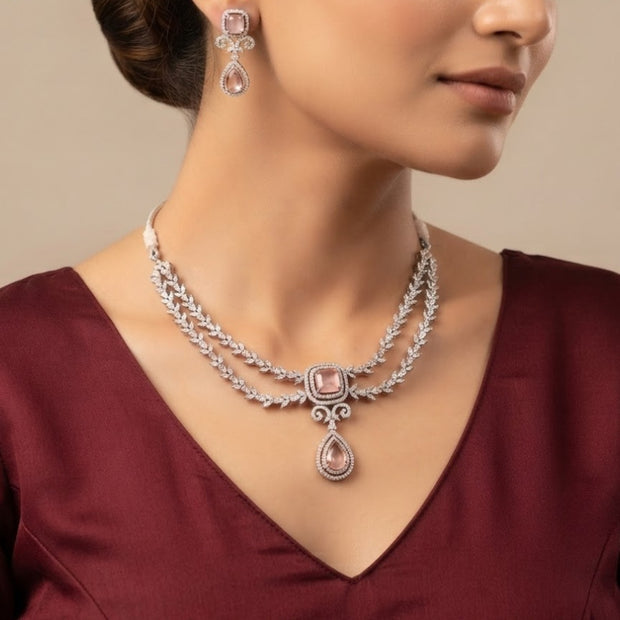 Bhavmayi Royal Diamonds and Blush Pink Cushion Stone Necklace Set with Pink Teardrop & Cushion Stone  Diamond Style Statement Earrings