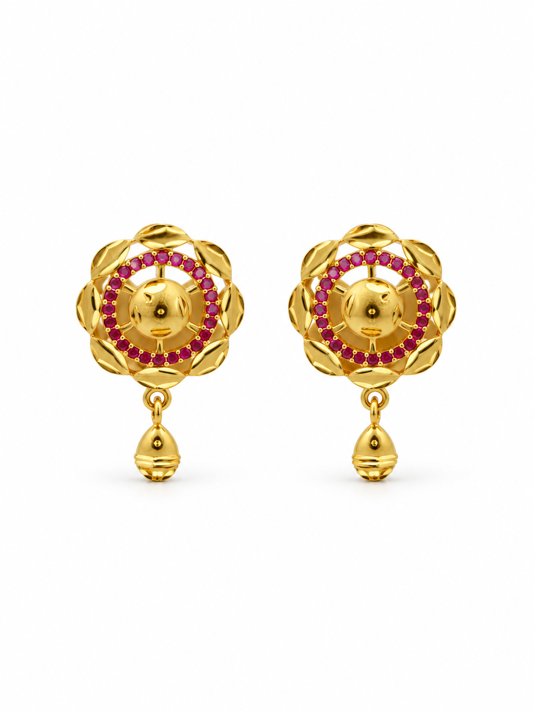Gold-tone necklace set with purple circular stone motifs, clear stone detailing and matching dangling earrings on a white background.