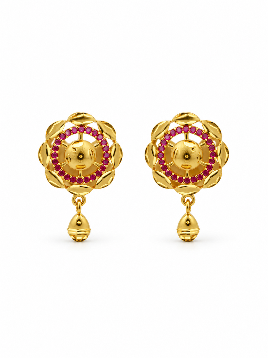Gold-tone necklace set with purple circular stone motifs, clear stone detailing and matching dangling earrings on a white background.