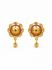 Gold-tone necklace set with purple circular stone motifs, clear stone detailing and matching dangling earrings on a white background.