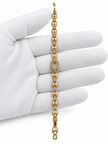 Gold-tone link bracelet with three rectangular purple, pink and green stones in square clear-stone settings, shown from the front and reverse.