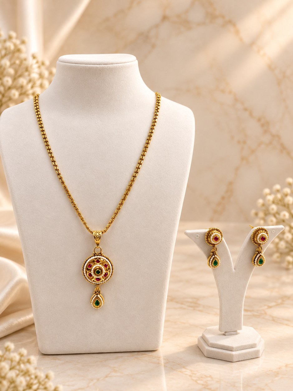Gold-tone floral halo necklace set displayed on white jewellery stands, featuring a round pendant with green and magenta-pink accents, a decorative beaded chain, and matching earrings with green teardrop-shaped drops.