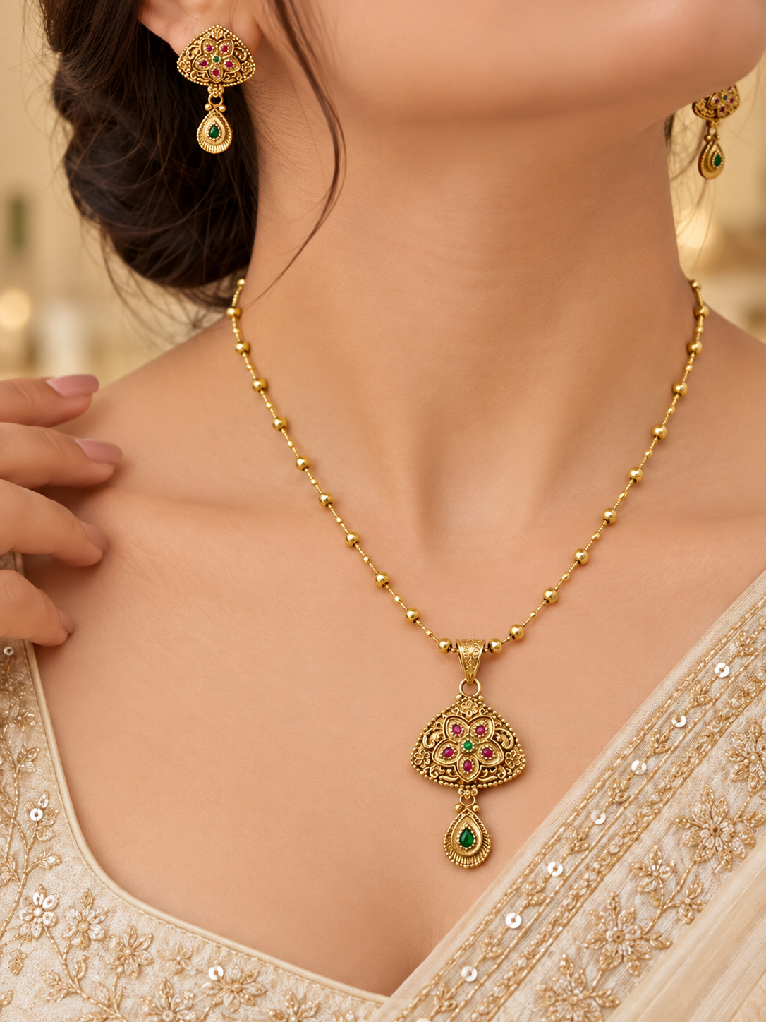 Gold-tone floral temple necklace set displayed on white jewellery stands, featuring a triangular ornamental pendant with green and magenta-pink accents, a beaded chain, and matching earrings with green teardrop-shaped drops.