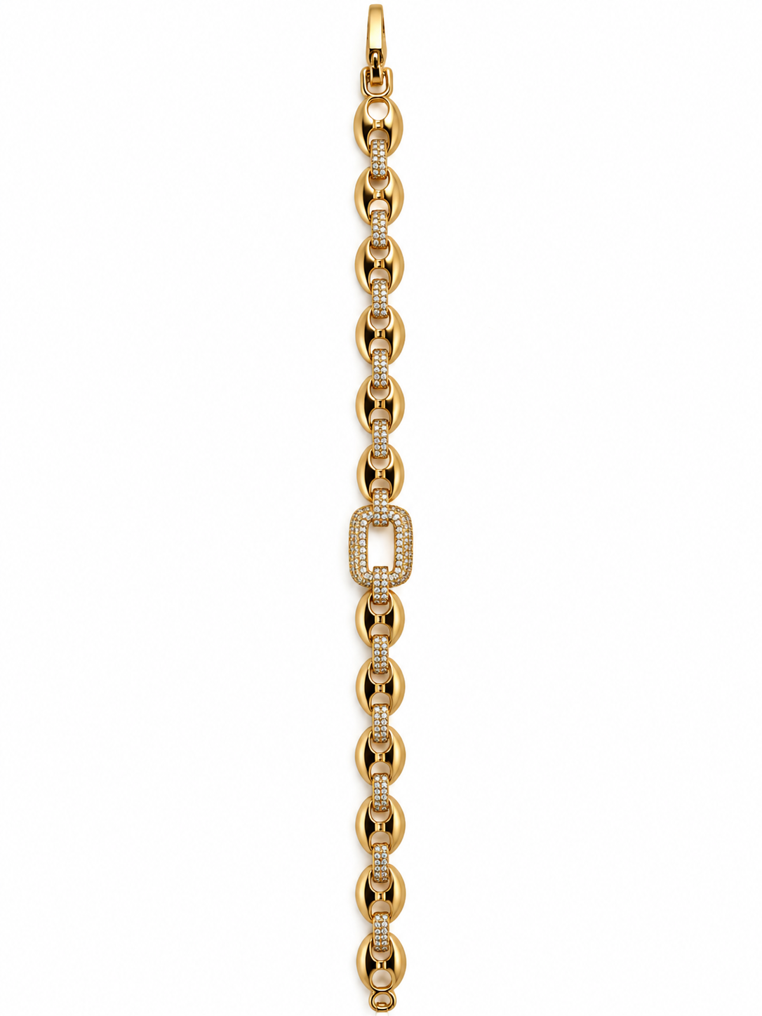 Gold-tone link bracelet with three rectangular purple, pink and green stones in square clear-stone settings, shown from the front and reverse.