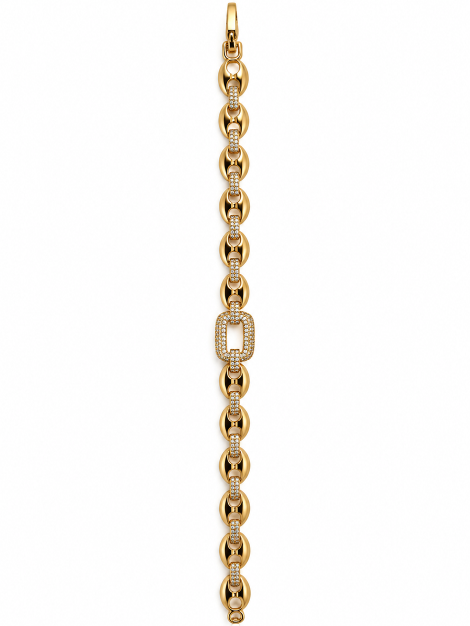 Gold-tone link bracelet with three rectangular purple, pink and green stones in square clear-stone settings, shown from the front and reverse.