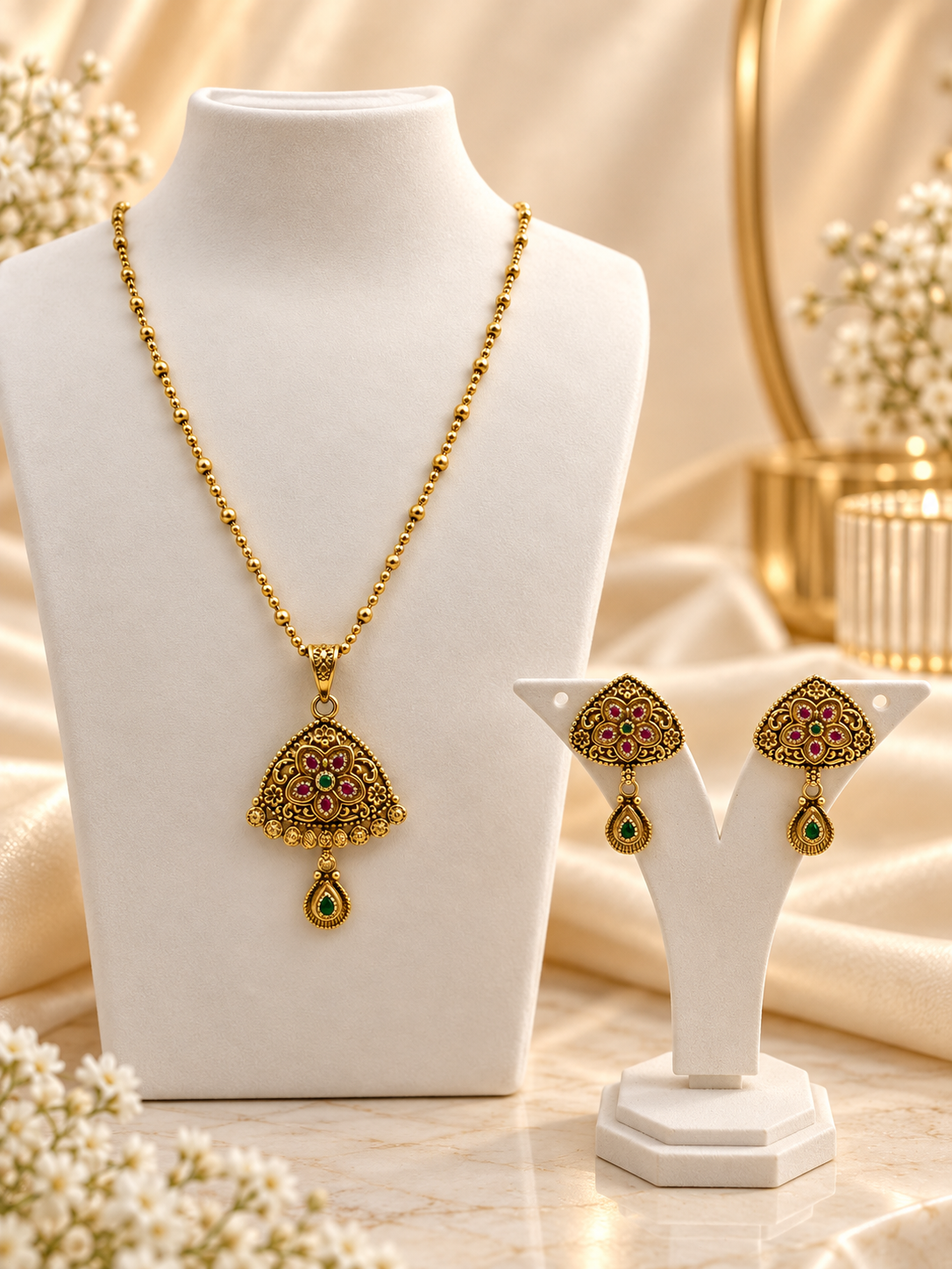 Gold-tone floral temple necklace set displayed on white jewellery stands, featuring a triangular ornamental pendant with green and magenta-pink accents, a beaded chain, and matching earrings with green teardrop-shaped drops.