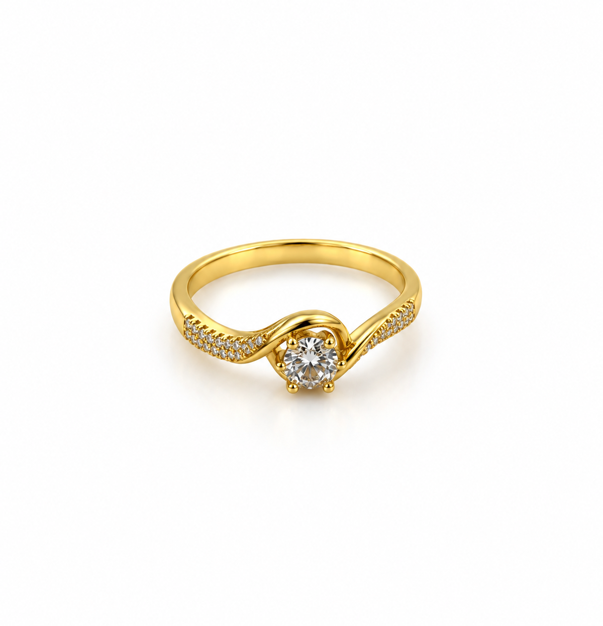 Gold-tone ring with a round floral arrangement of clear stones, curved golden detailing and small clear accents along the band, shown on a white background and worn on a finger.