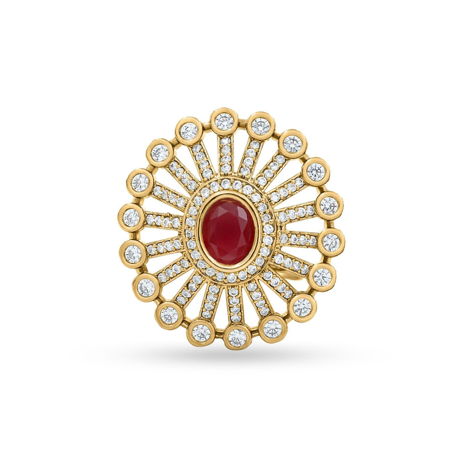 Bhavmayi 14K Gold Finish Modern Sunburst Spokes Pave Outer Halo Oval Diamond Statement Ring - bhavmayi