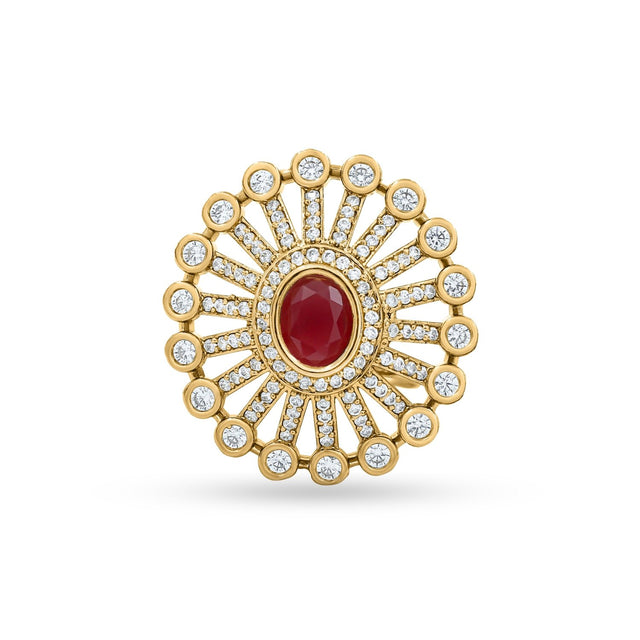 Bhavmayi 14K Gold Finish Modern Sunburst Spokes Pave Outer Halo Oval Diamond Statement Ring - bhavmayi