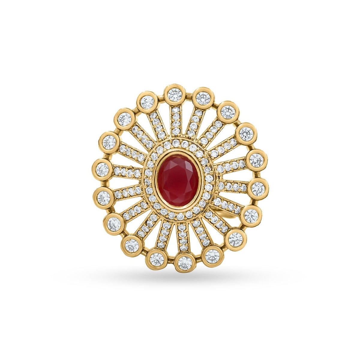 Bhavmayi 14K Gold Finish Modern Sunburst Spokes Pave Outer Halo Oval Diamond Statement Ring - bhavmayi