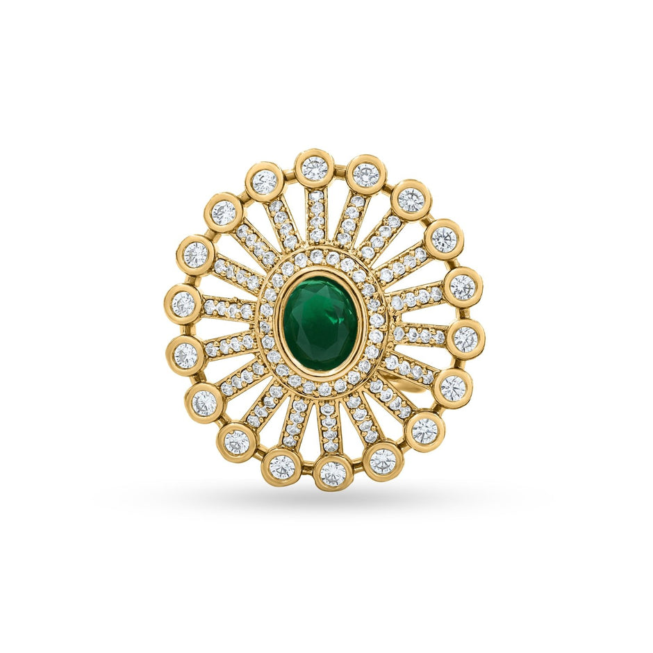 Bhavmayi 14K Gold Finish Modern Sunburst Spokes Pave Outer Halo Oval Diamond Statement Ring - bhavmayi
