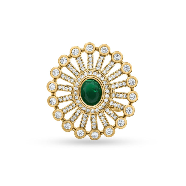 Bhavmayi 14K Gold Finish Modern Sunburst Spokes Pave Outer Halo Oval Diamond Statement Ring - bhavmayi