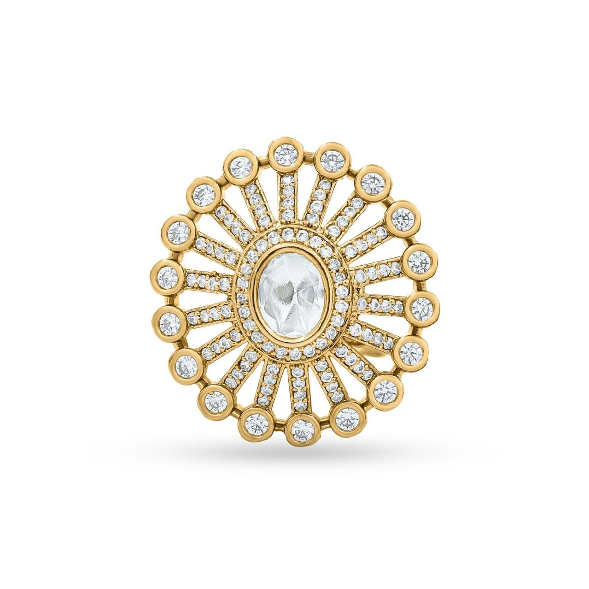 Bhavmayi 14K Gold Finish Modern Sunburst Spokes Pave Outer Halo Oval Diamond Statement Ring - bhavmayi