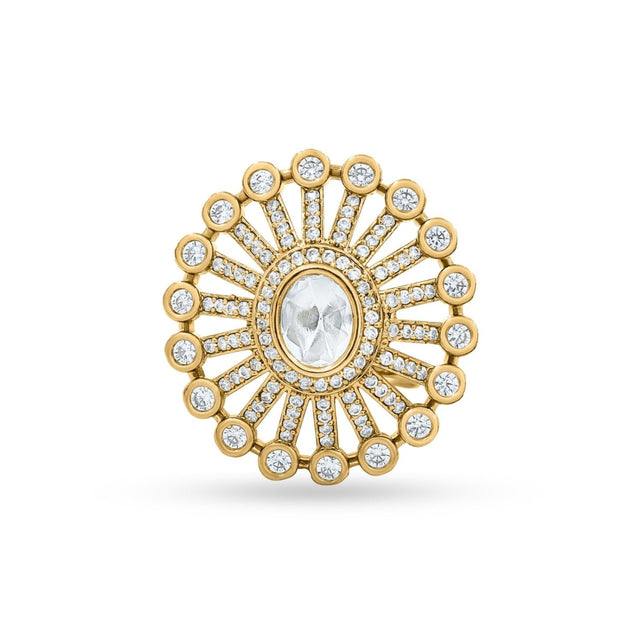 Bhavmayi 14K Gold Finish Modern Sunburst Spokes Pave Outer Halo Oval Diamond Statement Ring - bhavmayi