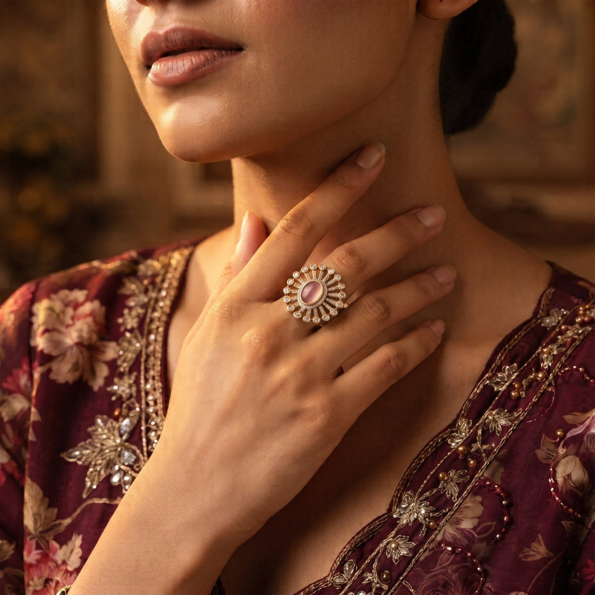 Bhavmayi 14K Gold Finish Modern Sunburst Spokes Pave Outer Halo Oval Diamond Statement Ring - bhavmayi