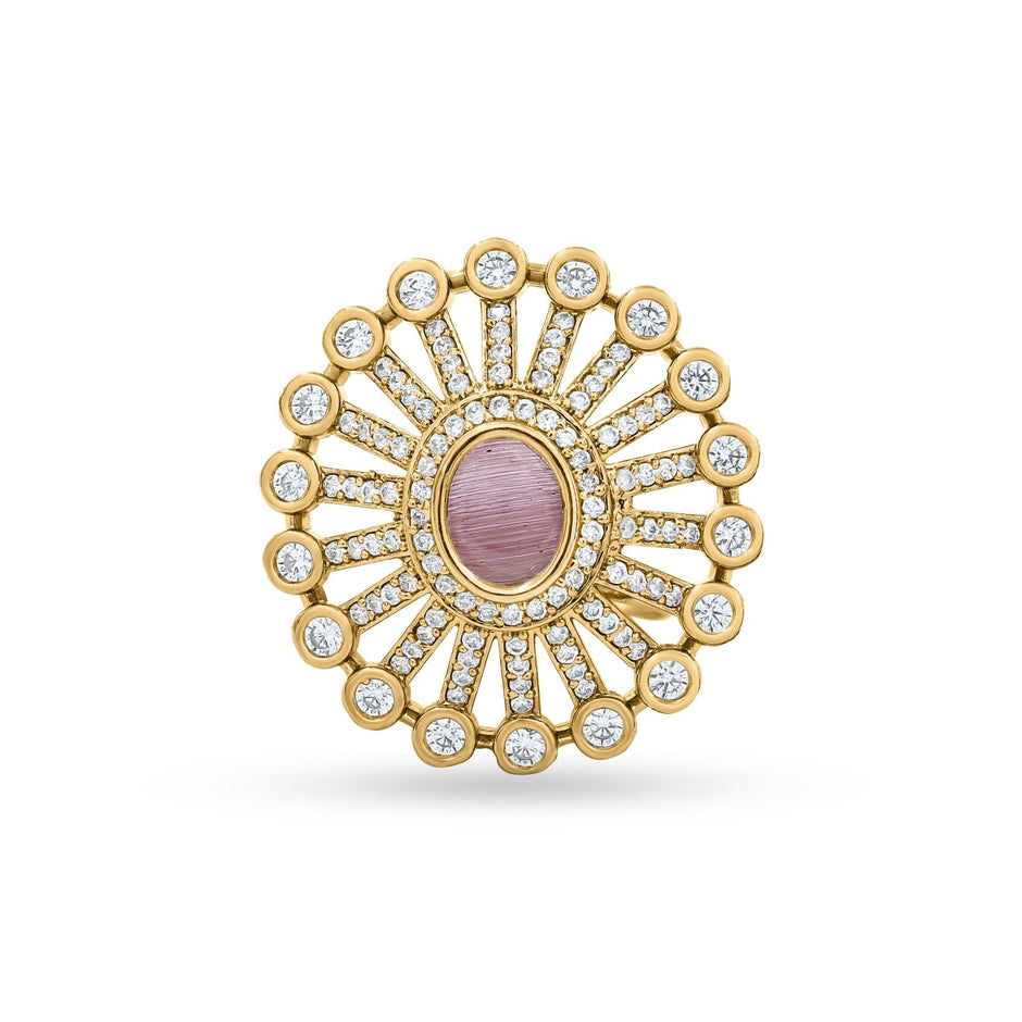 Bhavmayi 14K Gold Finish Modern Sunburst Spokes Pave Outer Halo Oval Diamond Statement Ring - bhavmayi