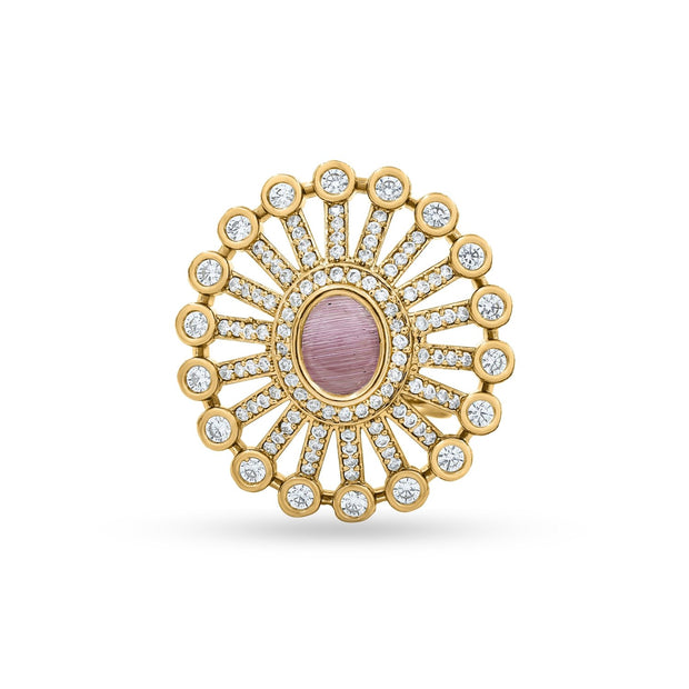 Bhavmayi 14K Gold Finish Modern Sunburst Spokes Pave Outer Halo Oval Diamond Statement Ring - bhavmayi