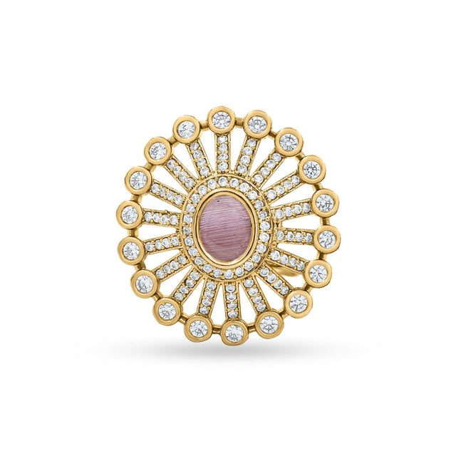 Bhavmayi 14K Gold Finish Modern Sunburst Spokes Pave Outer Halo Oval Diamond Statement Ring - bhavmayi