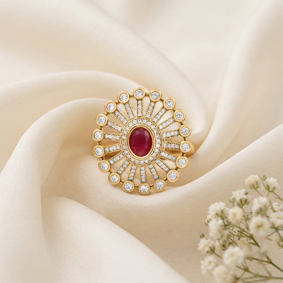 Bhavmayi 14K Gold Finish Modern Sunburst Spokes Pave Outer Halo Oval Diamond Statement Ring - bhavmayi