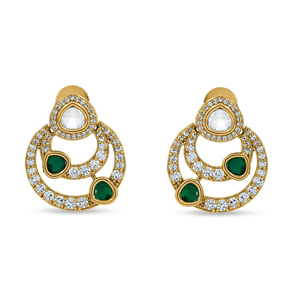 Bhavmayi 14K Gold Modern Hoop-Style Polki Stud Earrings with Diamond Accents - bhavmayi