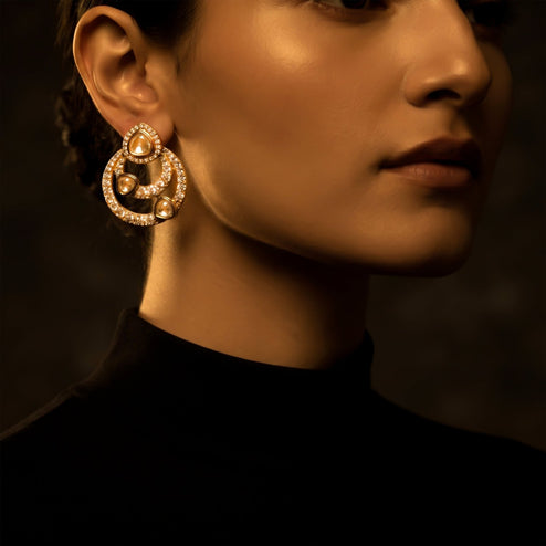 Bhavmayi 14K Gold Modern Hoop-Style Polki Stud Earrings with Diamond Accents - bhavmayi