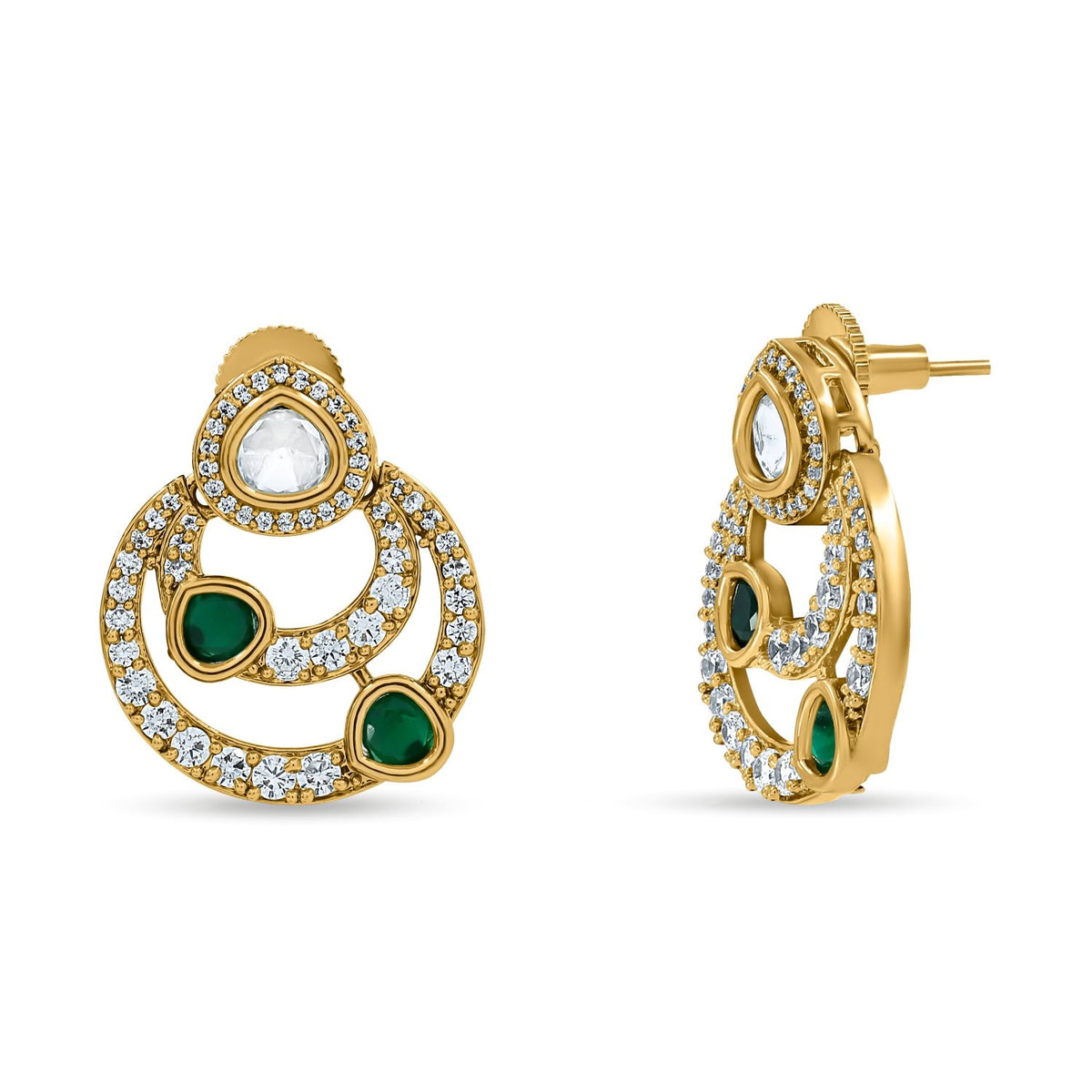 Bhavmayi 14K Gold Modern Hoop-Style Polki Stud Earrings with Diamond Accents - bhavmayi