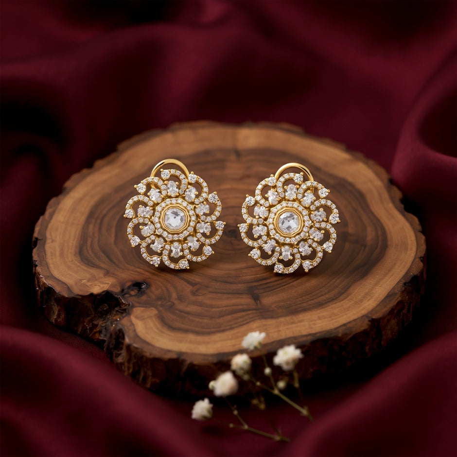 Bhavmayi 14K Gold Ornate Floral Burst Diamond Studded & Deca Cut Polki Accents Earrings - bhavmayi