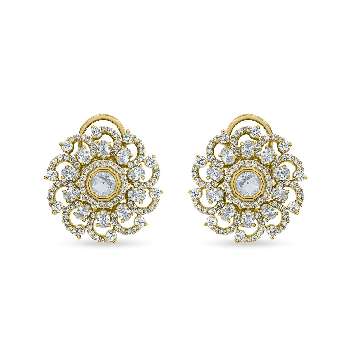 Bhavmayi 14K Gold Ornate Floral Burst Diamond Studded & Deca Cut Polki Accents Earrings - bhavmayi