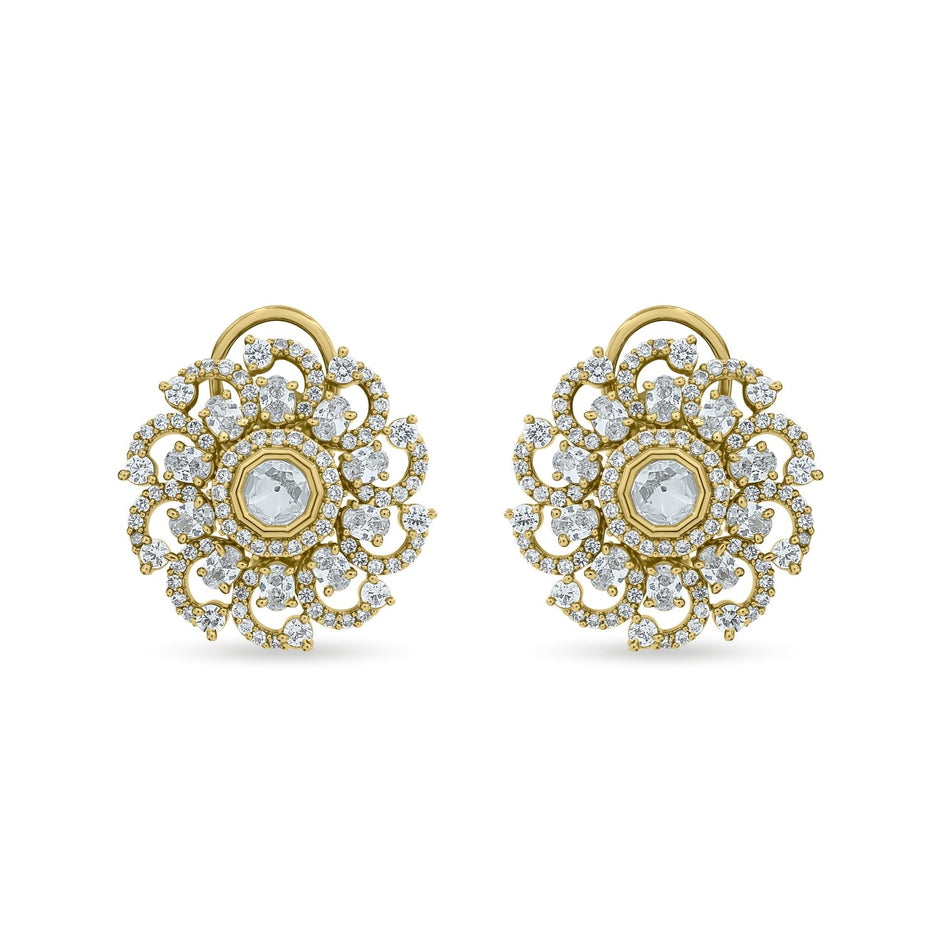 Bhavmayi 14K Gold Ornate Floral Burst Diamond Studded & Deca Cut Polki Accents Earrings - bhavmayi