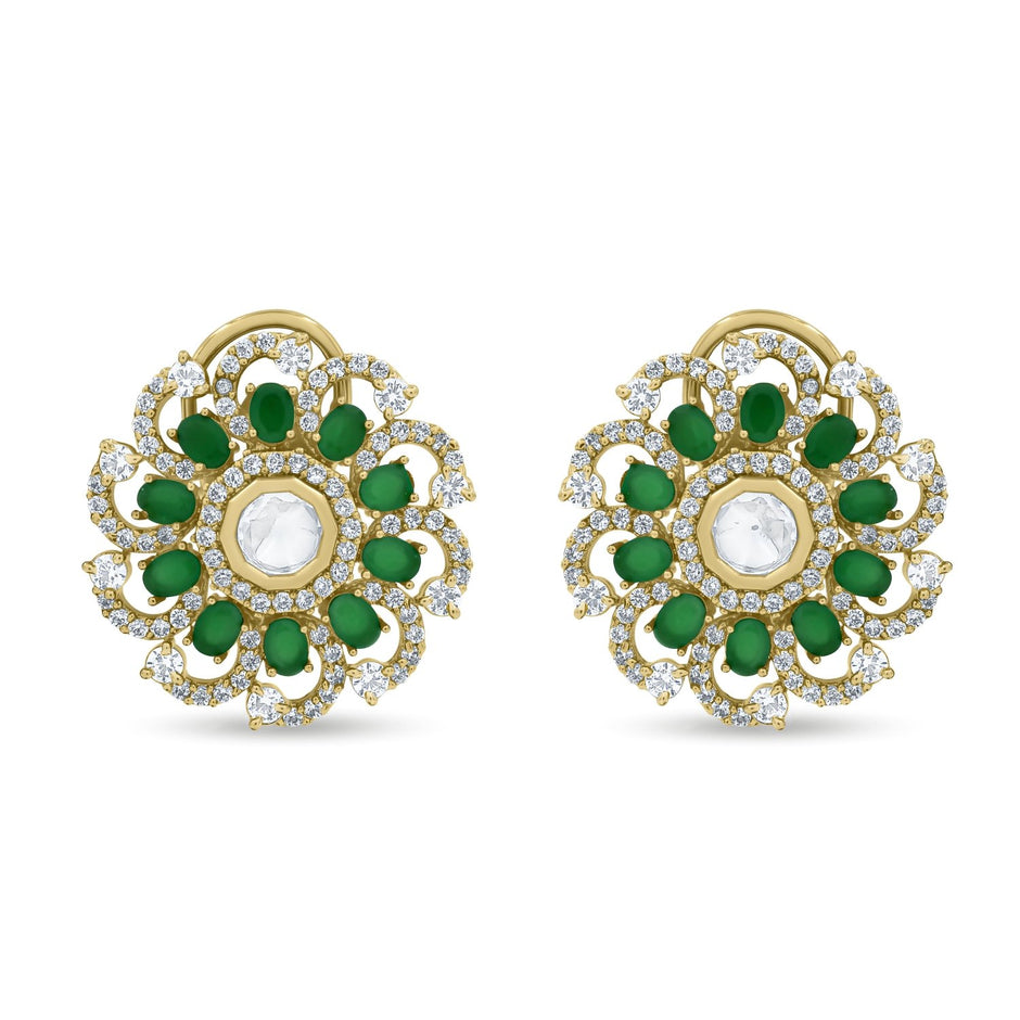 Bhavmayi 14K Gold Ornate Floral Burst Diamond Studded & Deca Cut Polki Accents Earrings - bhavmayi
