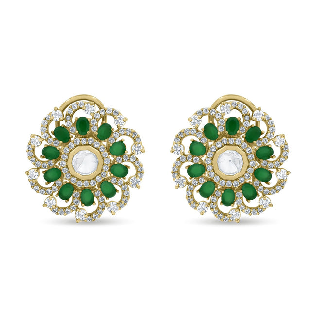 Bhavmayi 14K Gold Ornate Floral Burst Diamond Studded & Deca Cut Polki Accents Earrings - bhavmayi