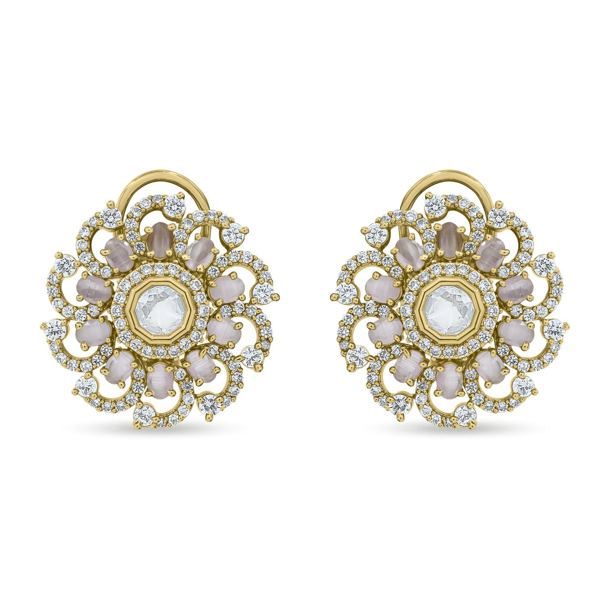 Bhavmayi 14K Gold Ornate Floral Burst Diamond Studded & Deca Cut Polki Accents Earrings - bhavmayi