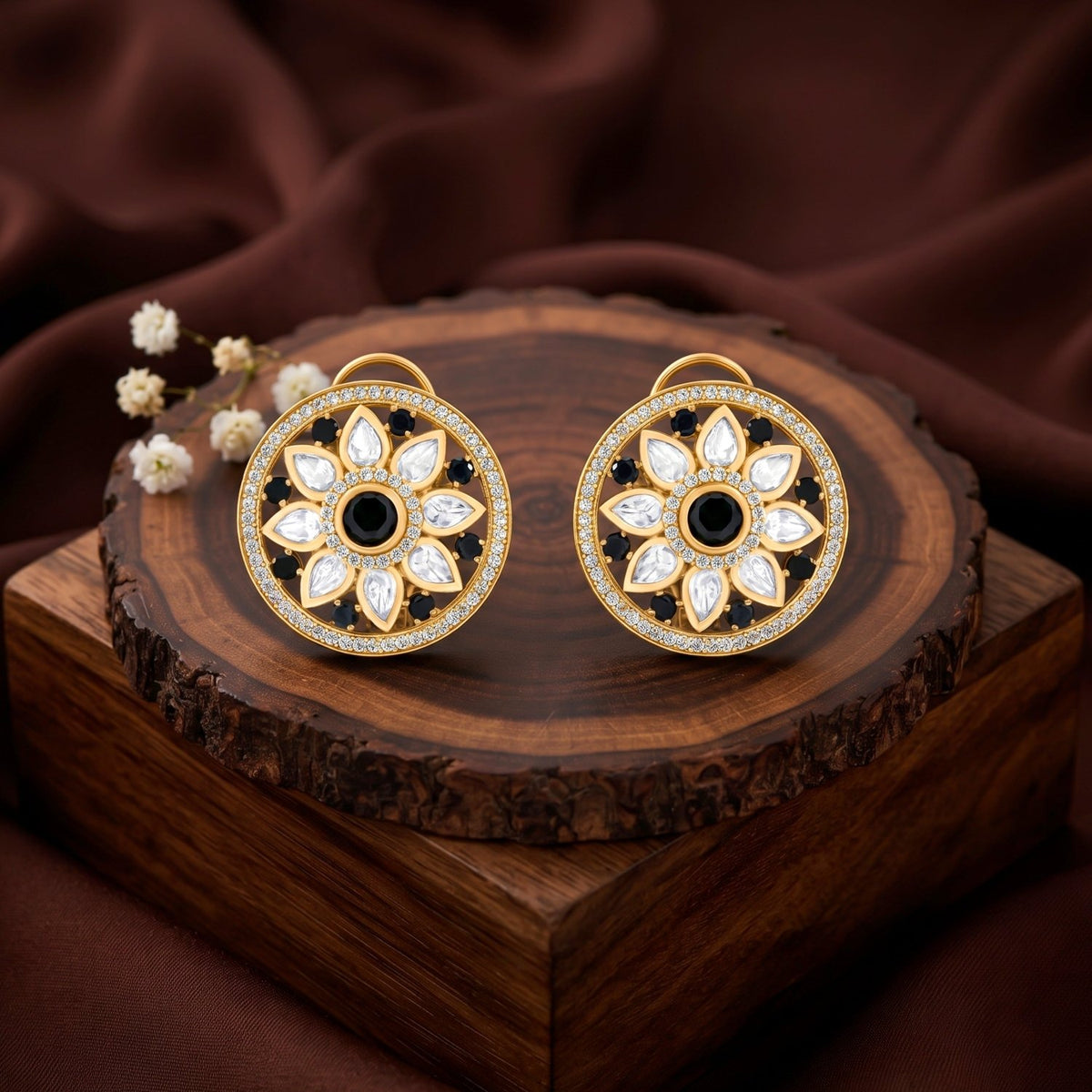Bhavmayi 14K Gold Round Mandala Stud Earrings with Emerald & Teardrop Diamond Accents - bhavmayi