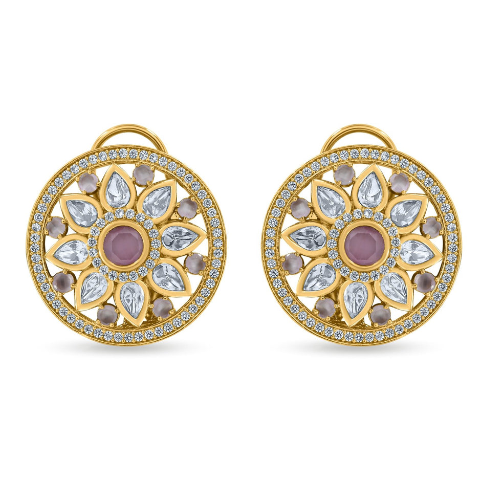 Bhavmayi 14K Gold Round Mandala Stud Earrings with Emerald & Teardrop Diamond Accents - bhavmayi